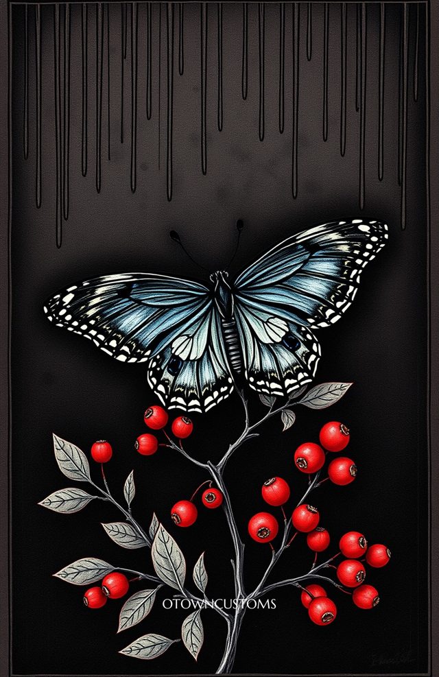 Black Butterfly on Yew Branch