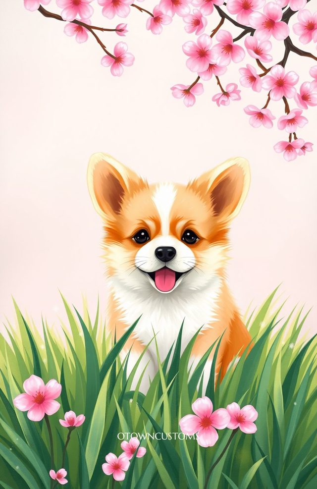 Corgi Puppy Playful Bloom Digital Illustration