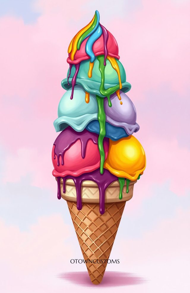 Rainbow Ice Cream Drizzle Vibrant Cartoon