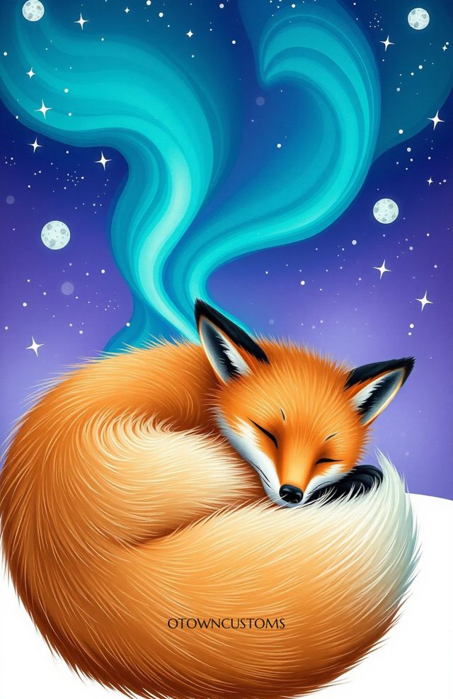 Sleeping Fox Aurora Whimsical Fantasy Art