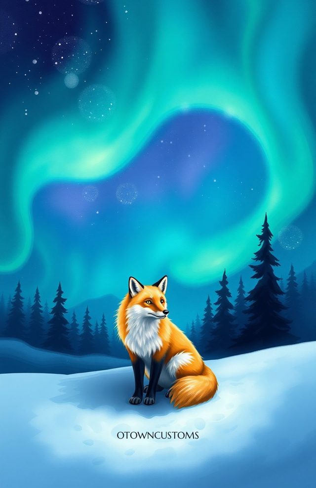 Whimsical Arctic Northern Lights Fox
