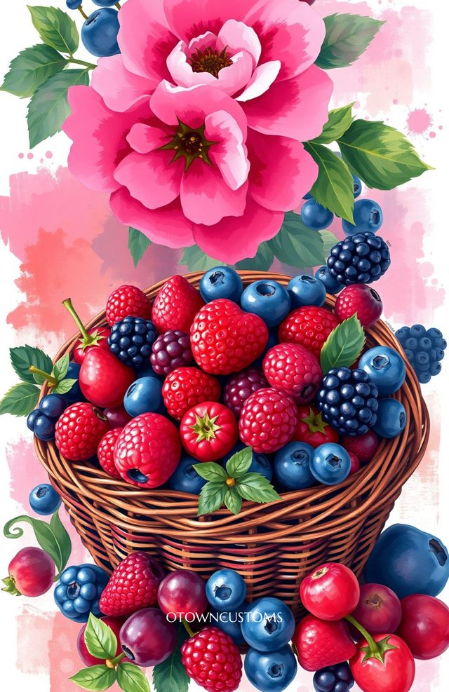 Watercolor Berry Basket Sweet Harvest