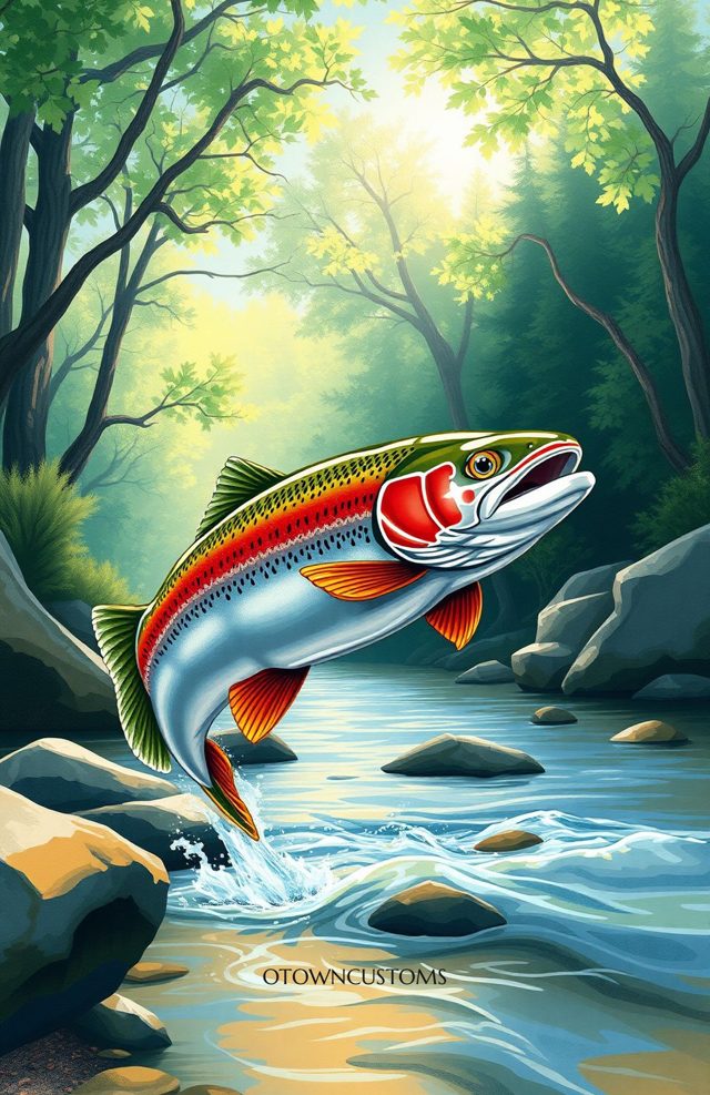 Rainbow Trout Stream Vibrant Nature Illustration
