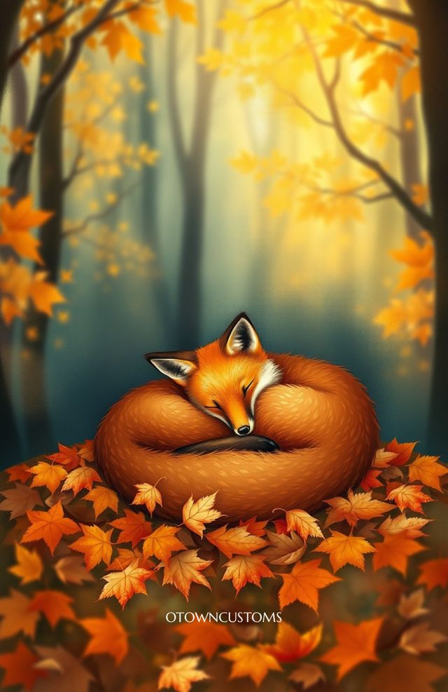 Autumn Fox Sleeping Under Leaves