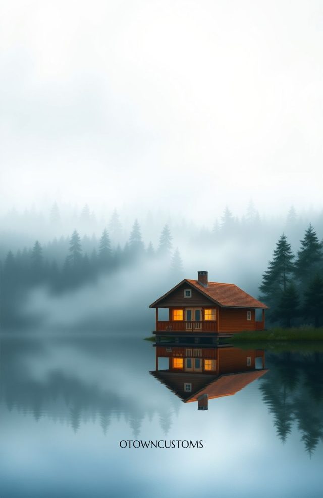 Misty Lakeside Cabin Morning Reflection