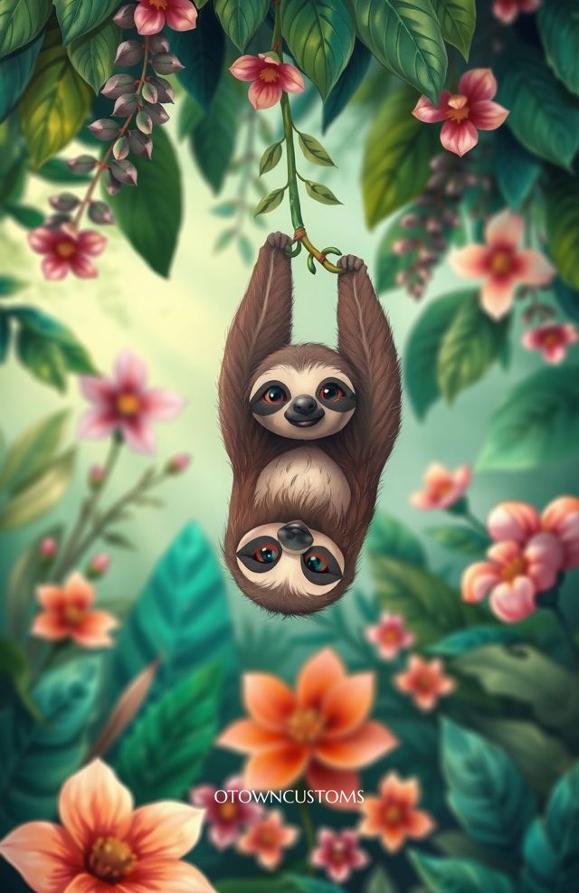 Cute Sloth Hanging Cartoon Animal
