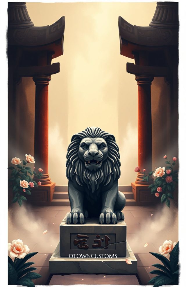 Ancient Temple Guardian Stone Lion Statue