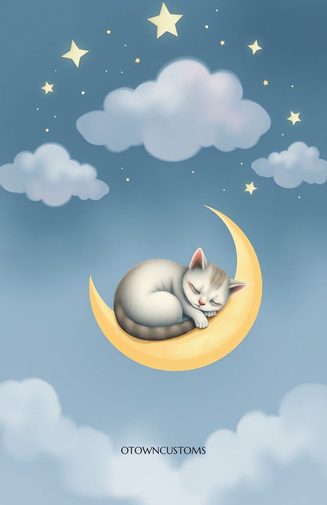 Celestial Crescent Moon Kitty Illustration