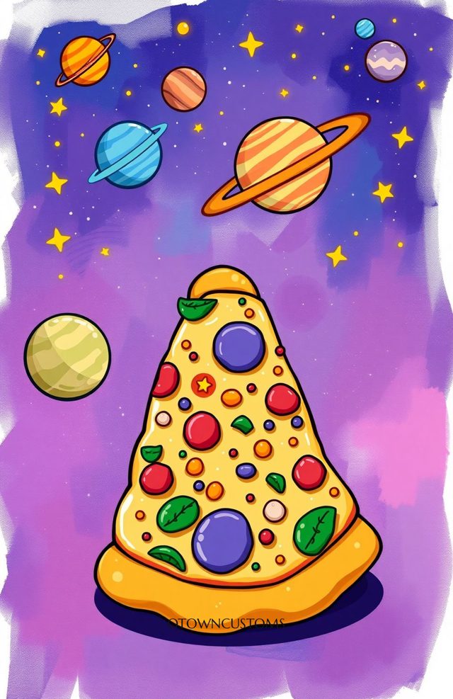 Cartoon Pizza Planets Cosmic Fiesta