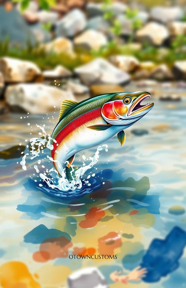 Artistic Fish Jump Rainbow Trout River Stream