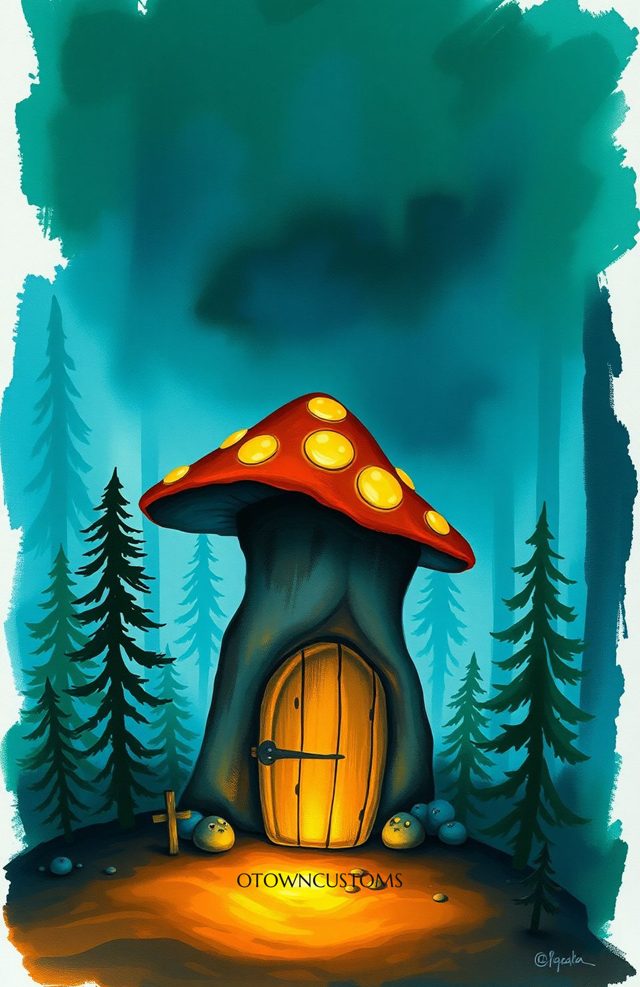 Enchanted Mushroom House Painterly Whimsical