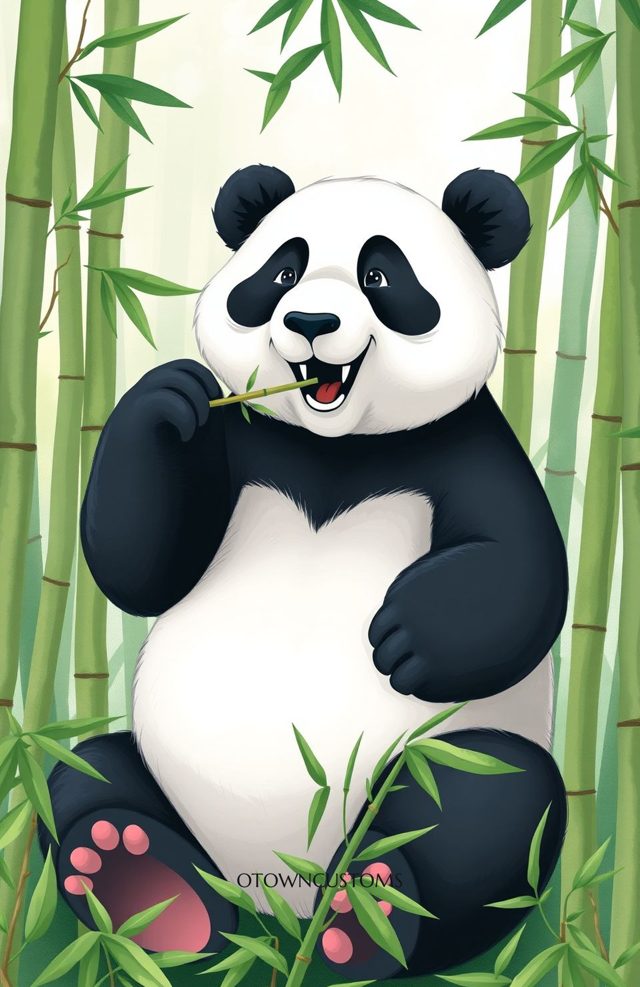 Playful Panda Eating Bamboo Cartoon