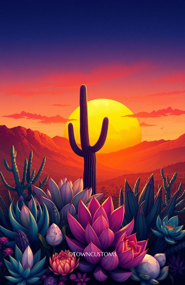 Vibrant Desert Sunset Succulent Nature Landscape