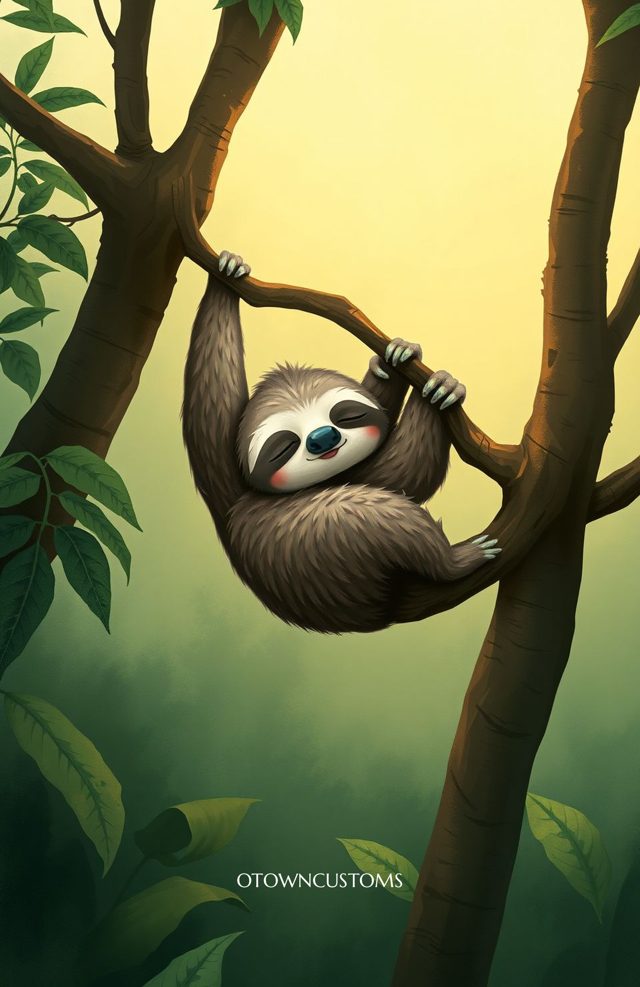 Whimsical Cartoon Sleepy Sloth Jungle Haze