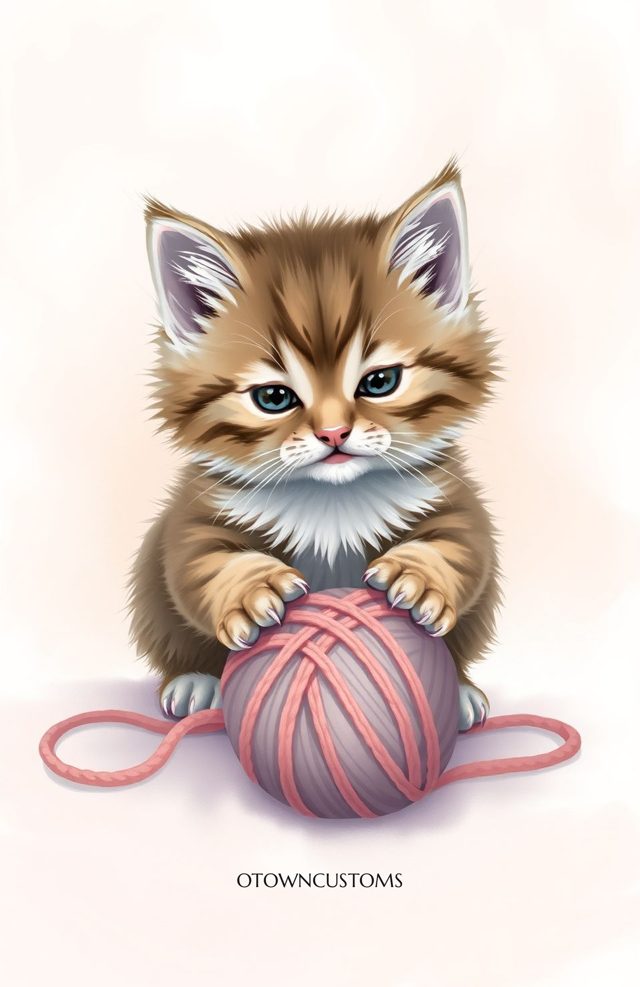 Cute Kitten Playing Yarn Digital Art