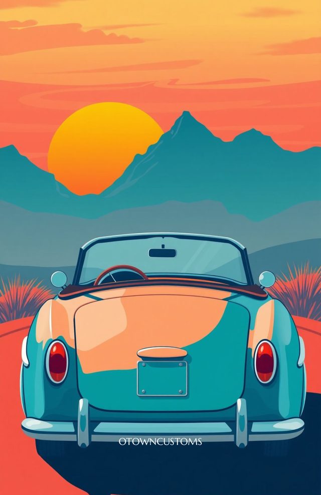 Flat Design Retro Sunset Mountain Drive