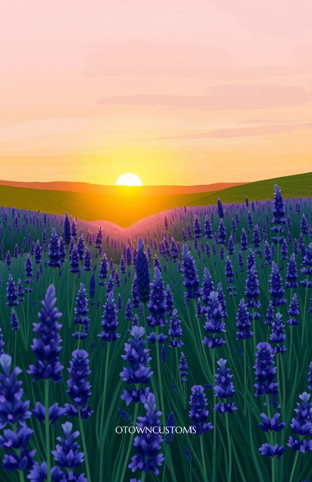 Stylized Lavender Field Golden Hour Landscape