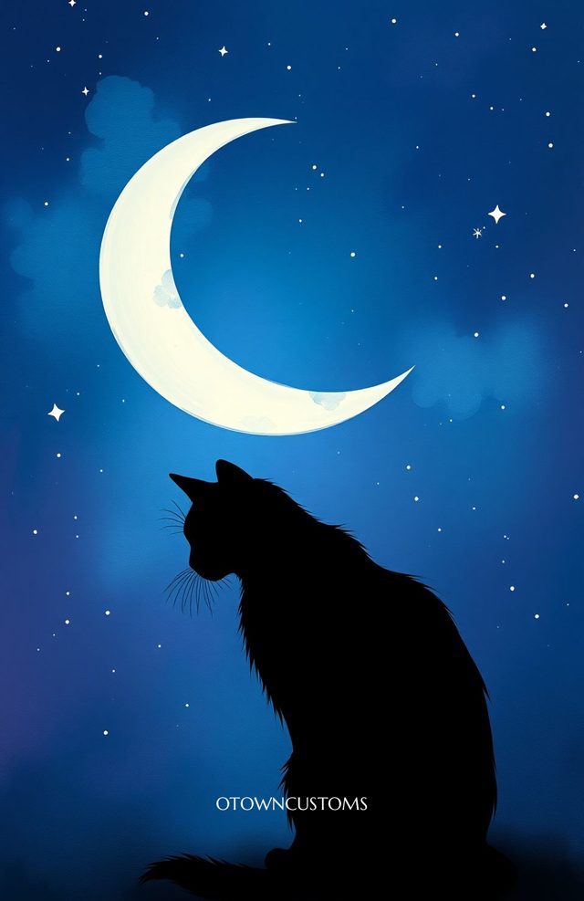 Mystical Crescent Moon Cat Night Sky