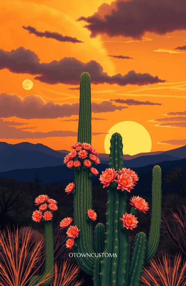 Desert Bloom Cactus Sunset Landscape