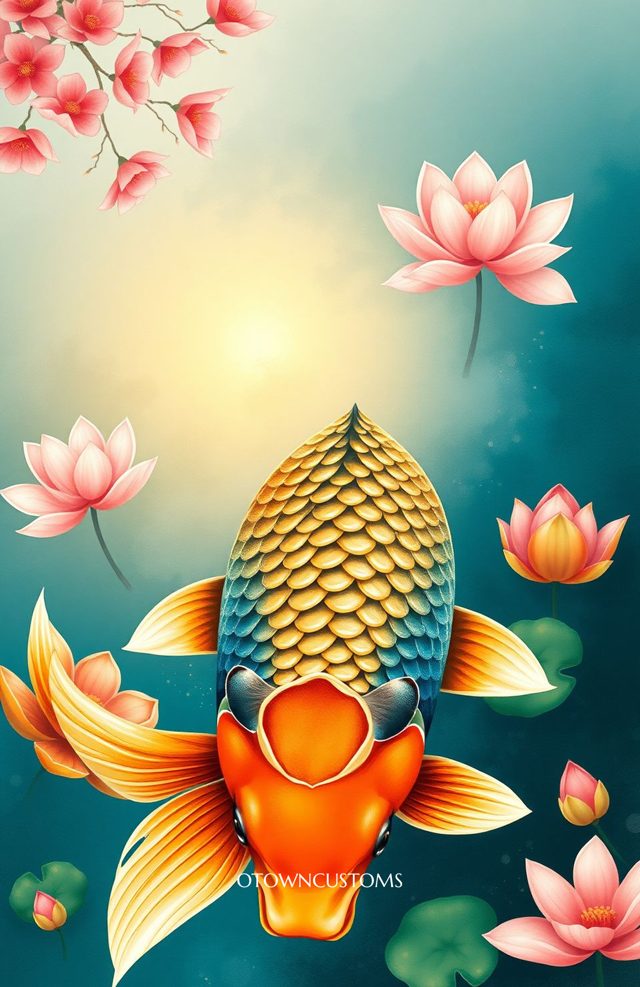 Digital Art Watercolor Mystical Koi Pond Bloom