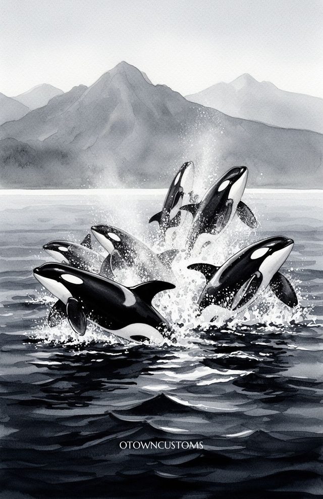Watercolor Orca Surfacing Drama