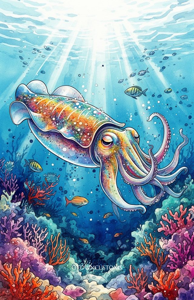 Chromatic Cuttlefish Watercolor Illustration