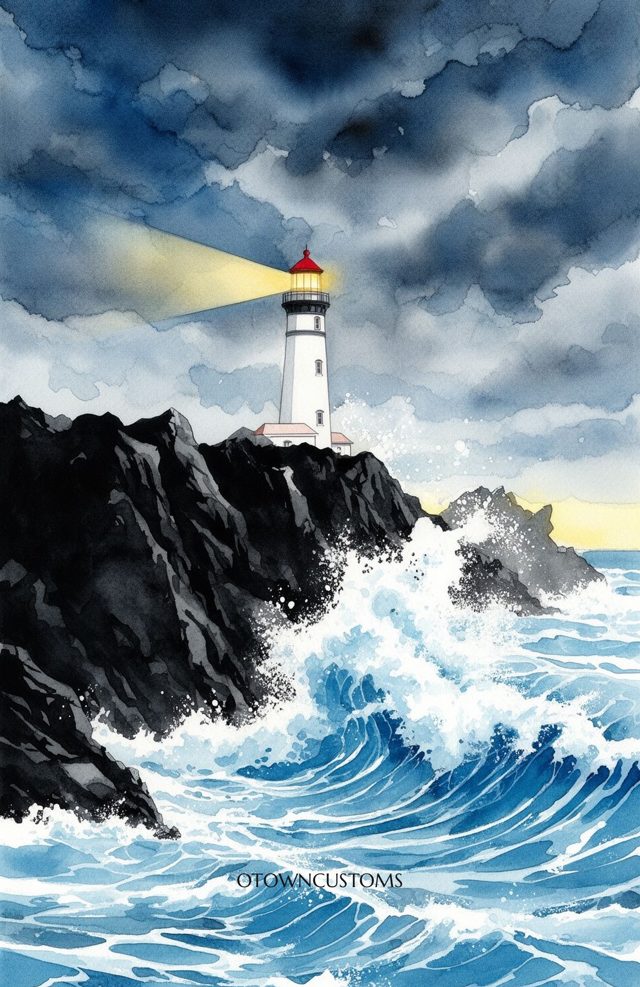 Watercolor Lighthouse Seascape Beacon