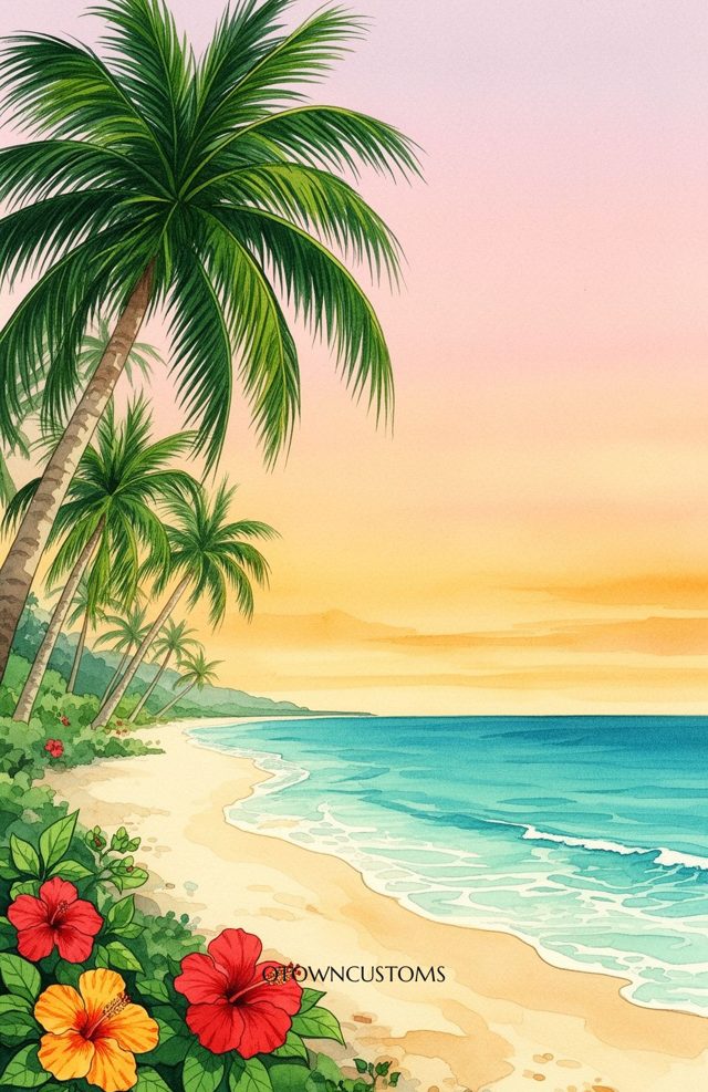 Watercolor Emerald Shoreline Tropical Beach