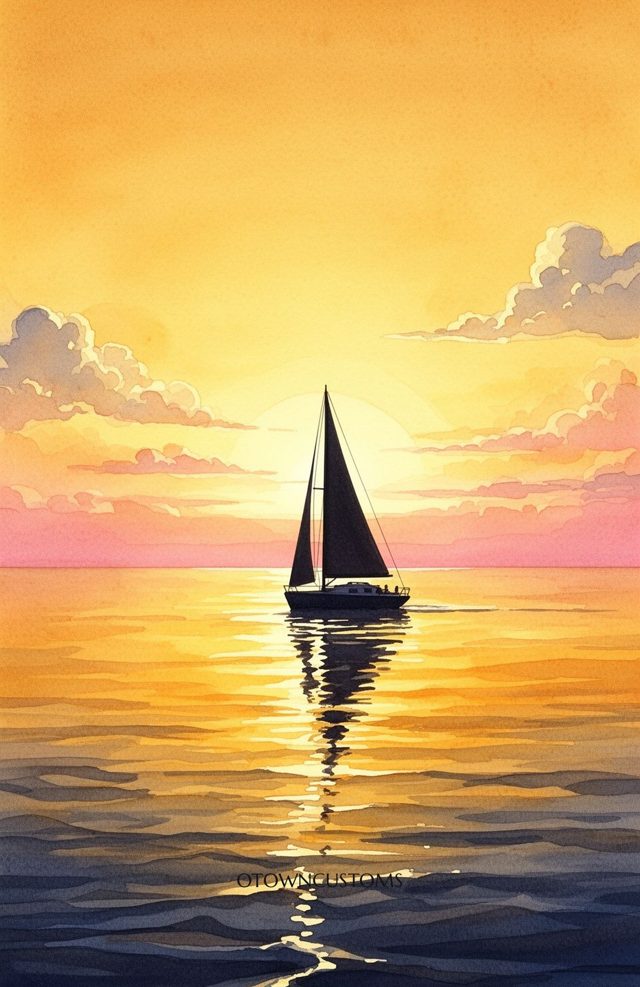 Sunset Sail Watercolor Serenity