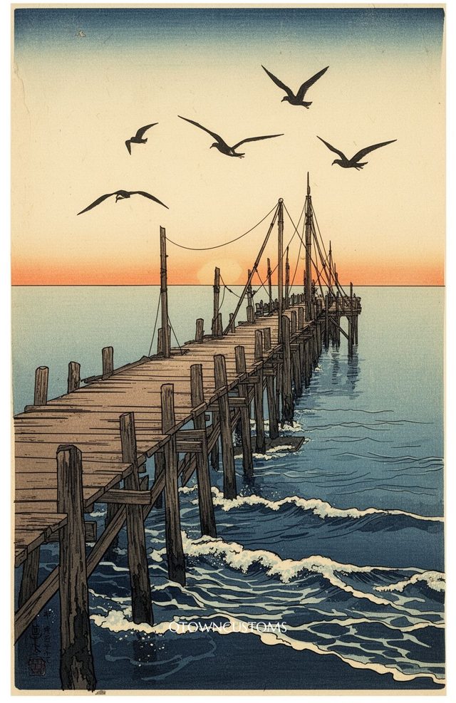 Japanese Woodblock Print Pier Nature