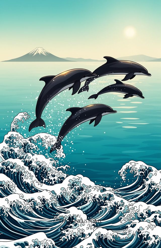 Ukiyo-e Inspired Dolphins Leap