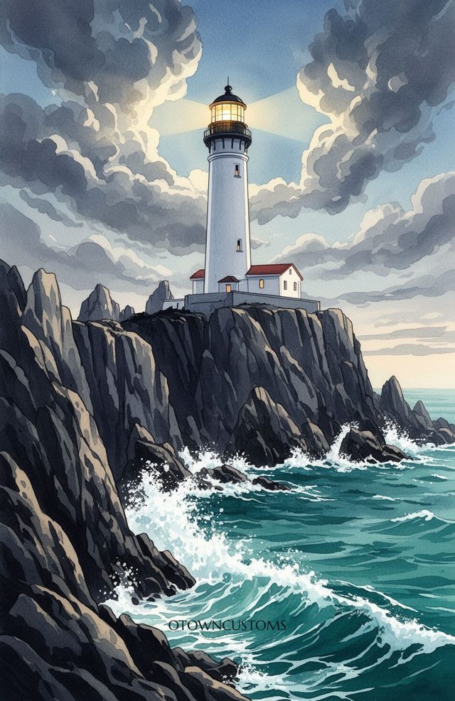 Watercolor Cliffside Beacon Lighthouse