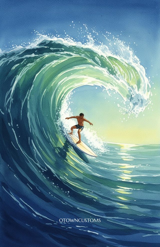 Watercolor Surfing Art Ocean Heart