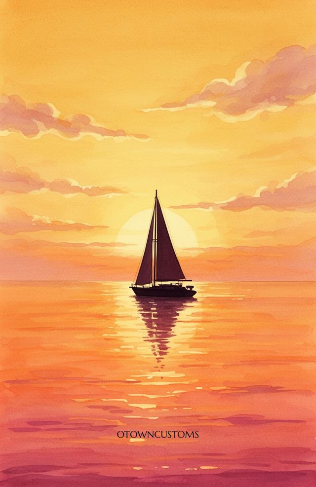 Watercolor Seascape Crimson Sails