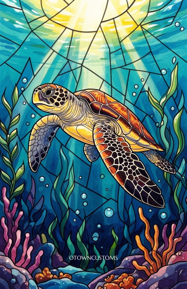 Stained Glass Turtle Gouache Art