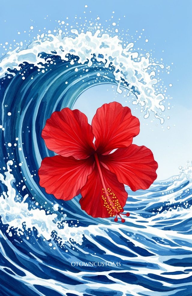 Watercolor Wave Hibiscus Crimson Bloom