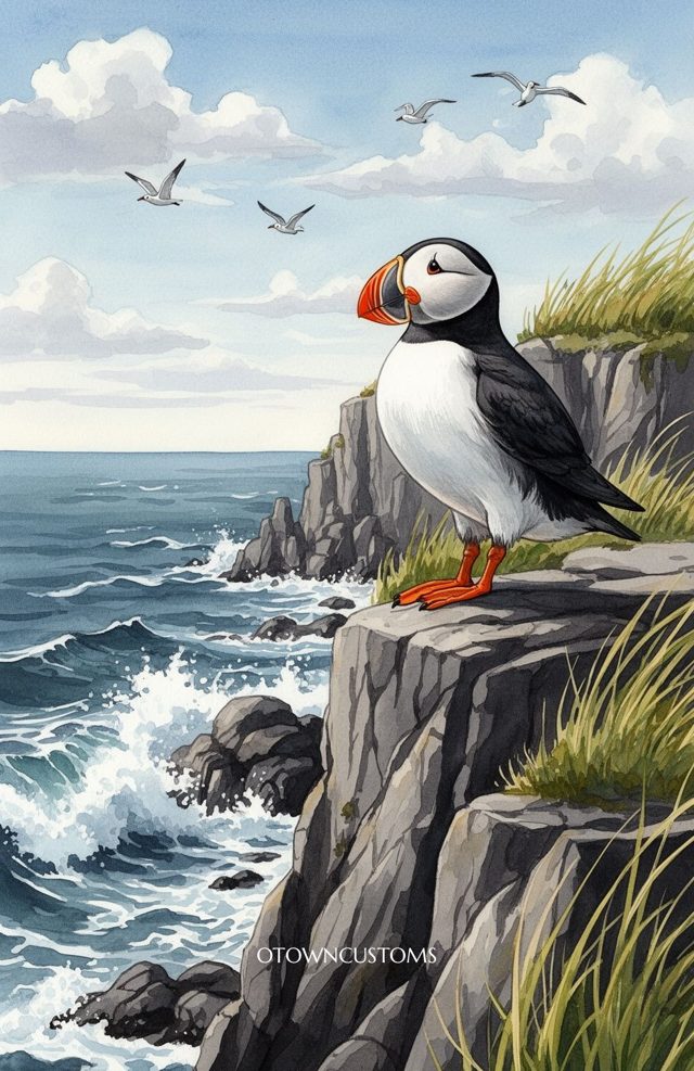 Watercolor Puffin Clifftop Majesty