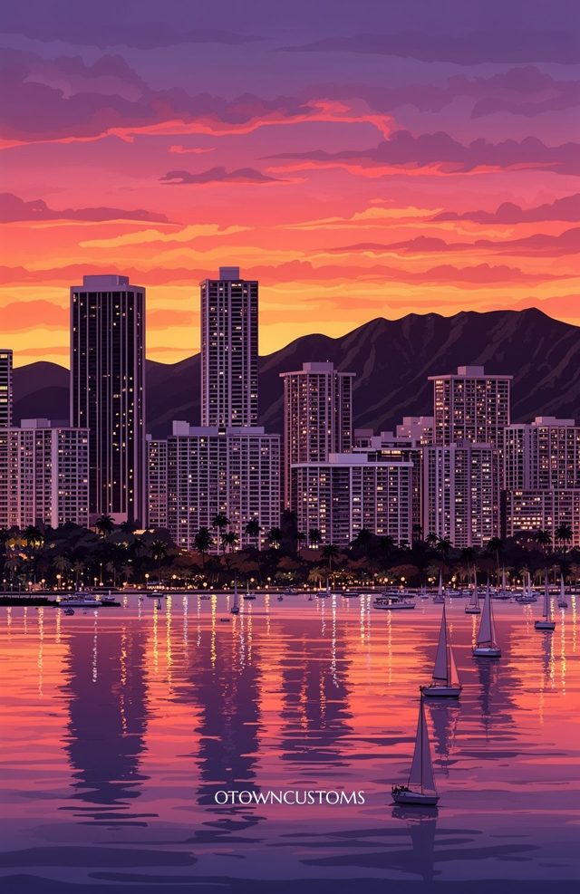 Pixel Art Honolulu Twilight Cityscape