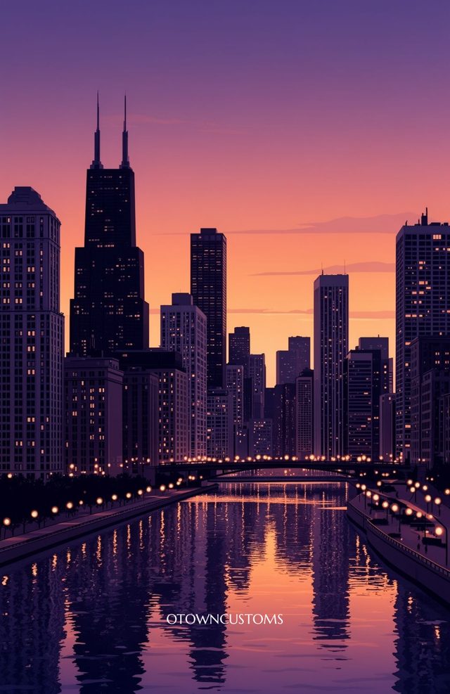 Cityscape Sunset Chicago Skyline