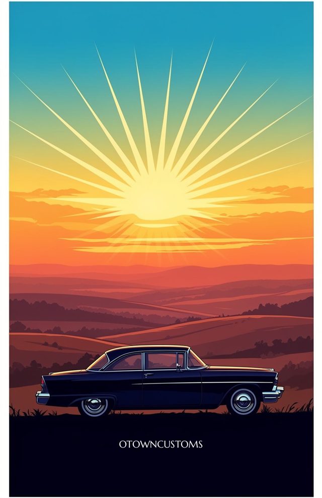 Retro Sunset Car Nebraska Roadside
