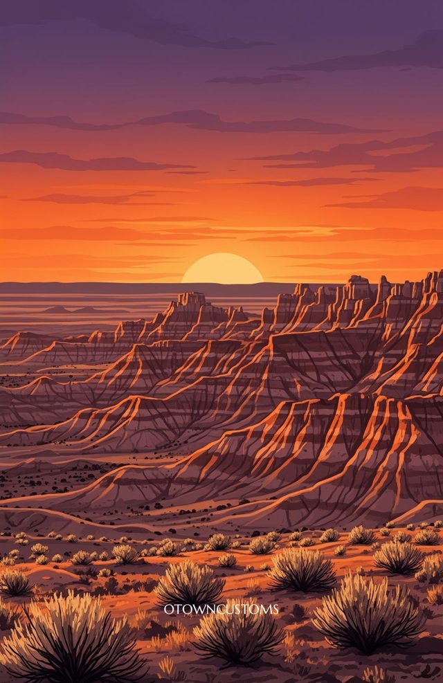 Flat Illustration Badlands National Park Sunset