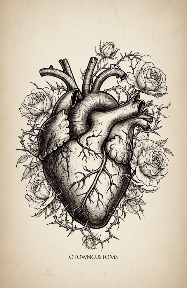 Heartstrings Thorny Blooms Ink Drawing