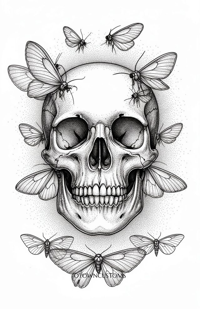 Skull Adorned Moths Gothic Dark Stippled
