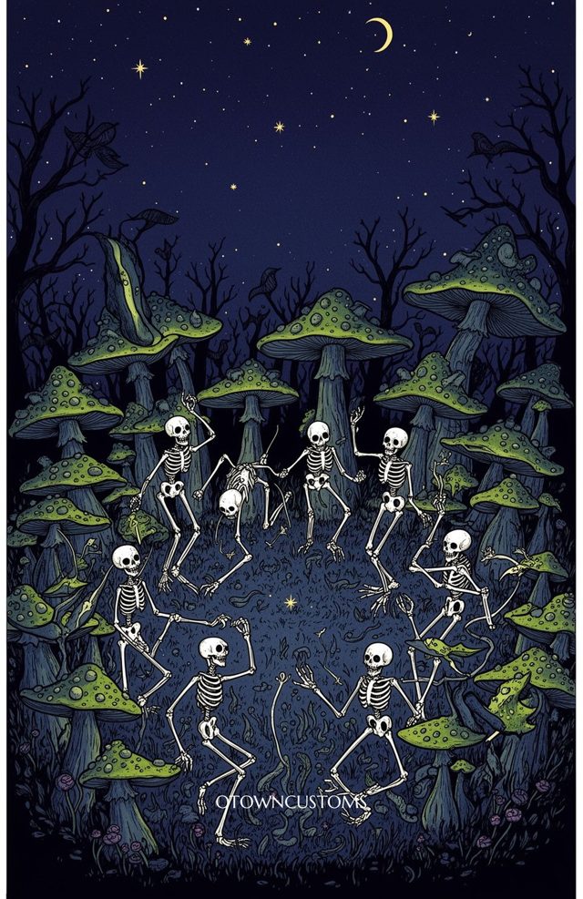 Dark Whimsical Illustration Fungal Circle Dance Macabre