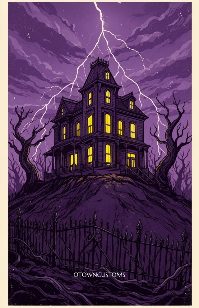 Haunted House Illustration Hilltop Manor Shadowed Gable