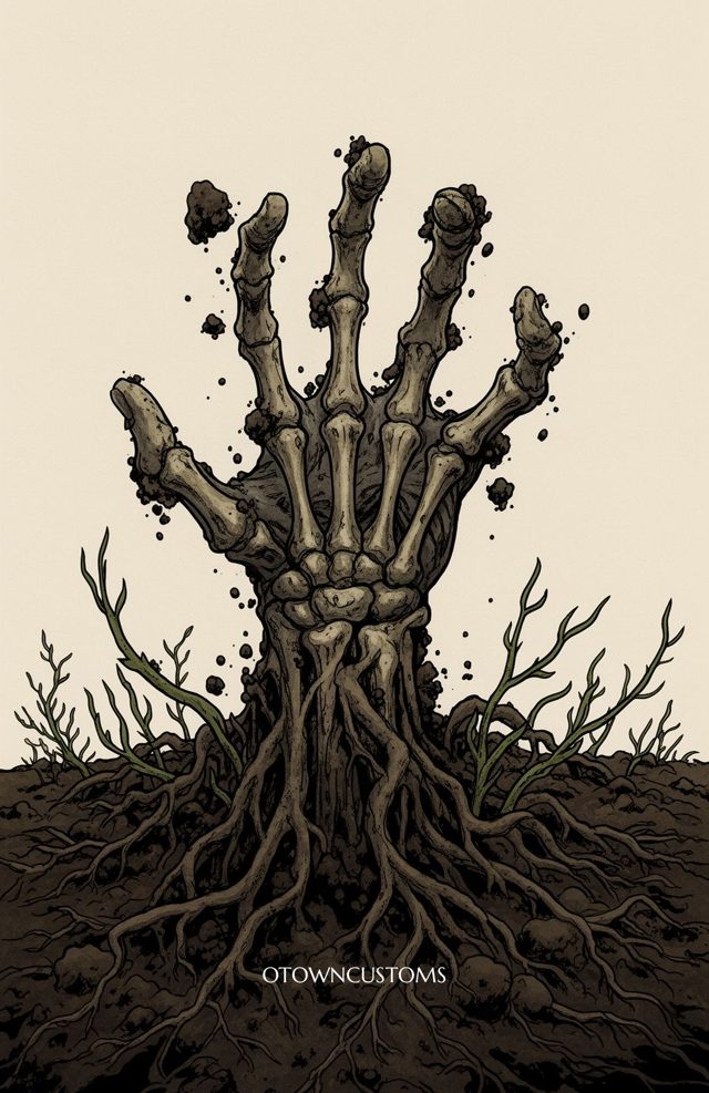 Emerging Skeleton Hand Clutching Grave Earthly Hunger