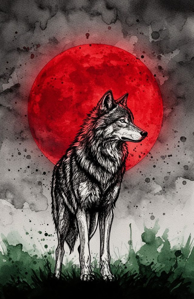 Watercolor Wolf Crimson Howl Moon