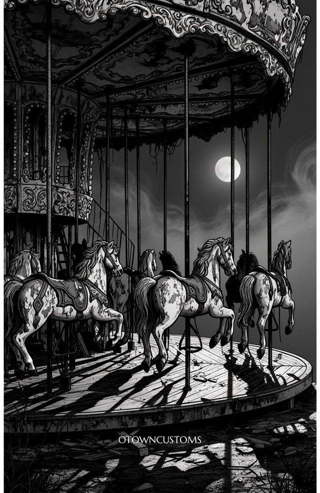 Monochromatic Creepy Carousel Silent Horses Ghostly Ride