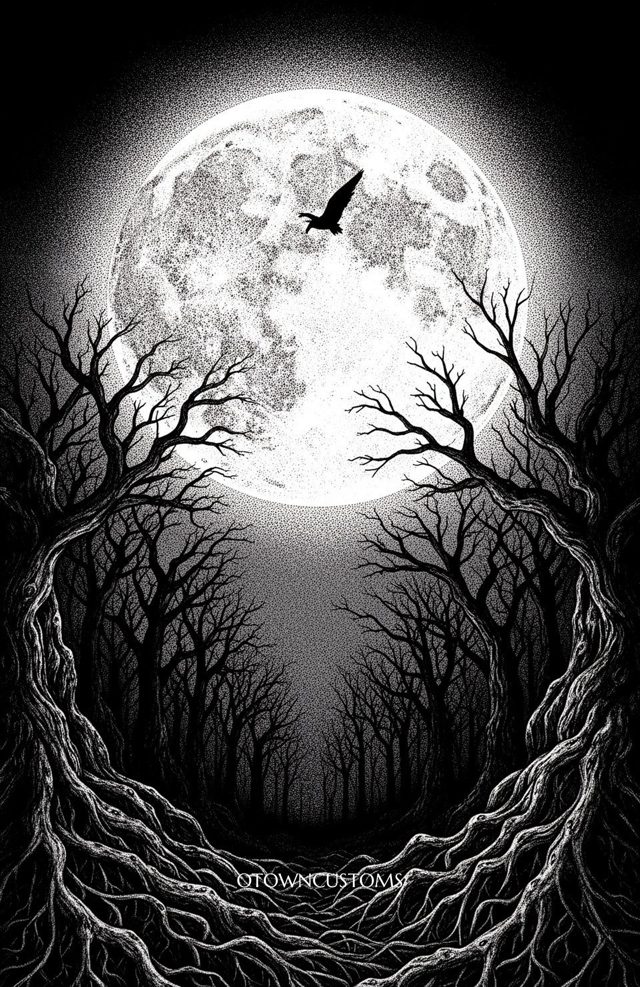 Stippling Horror Forest Moonlit Silhouette