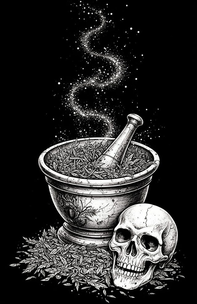 Gothic Illustration Mortar and Skull